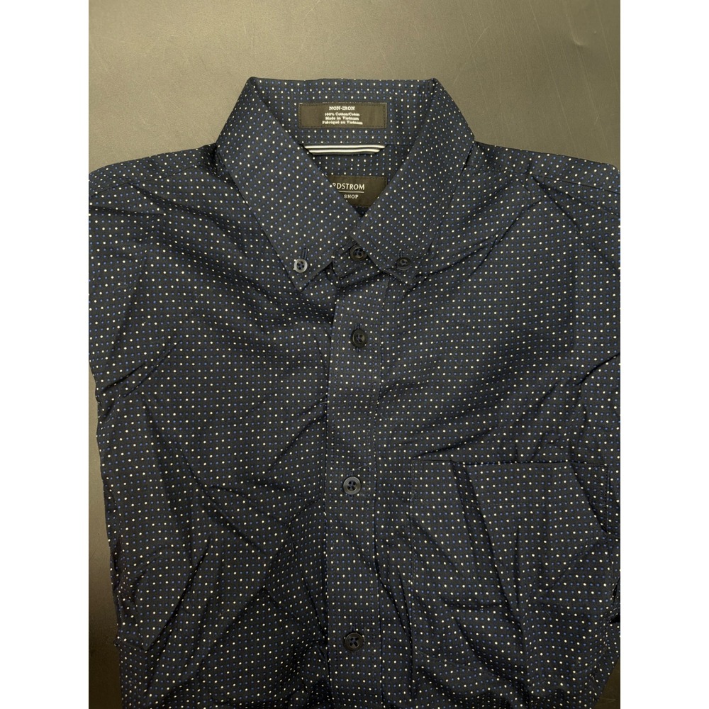 Nordstrom Mens Shop Navy Blue Polka Dot Non-Iron Trim Fit Button Down Shirt S - Picture 3 of 6